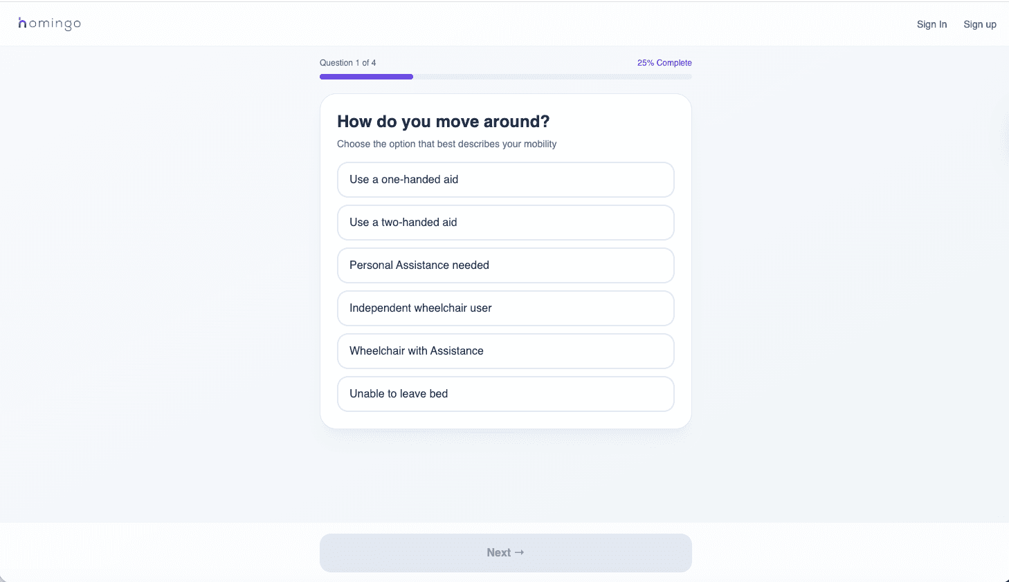Homingo mobility profile questionnaire